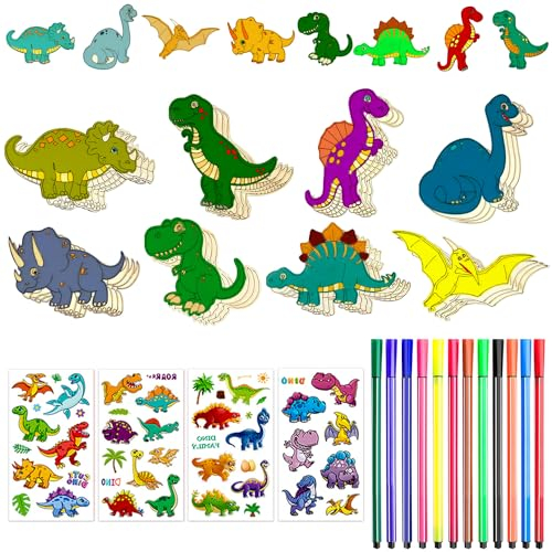 FYSL 40 Stück Dinosaurier Holz Bastelset, Dinosaurier Basteln zum Bemalen, Holzbastelsets für Kinder, Kreative Kunst Bastelbedarf, Kindergeburtstag Basteln mit 12 Farbstifte
