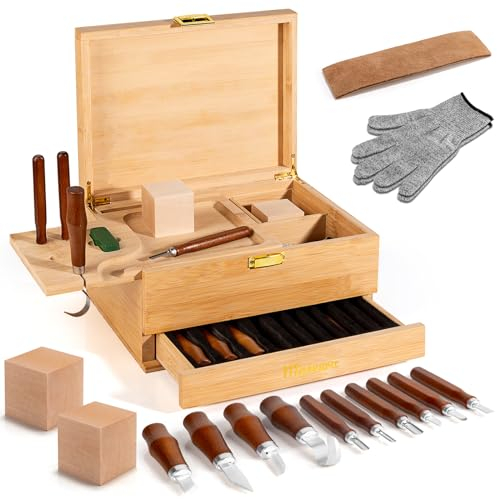17 en 1 Kit de Tallado de Madera - Kit de cuchillos para tallar, para trabajar la madera Juego de herramientas para tallar madera con cajas grandes de madera para manualidades (marrón)