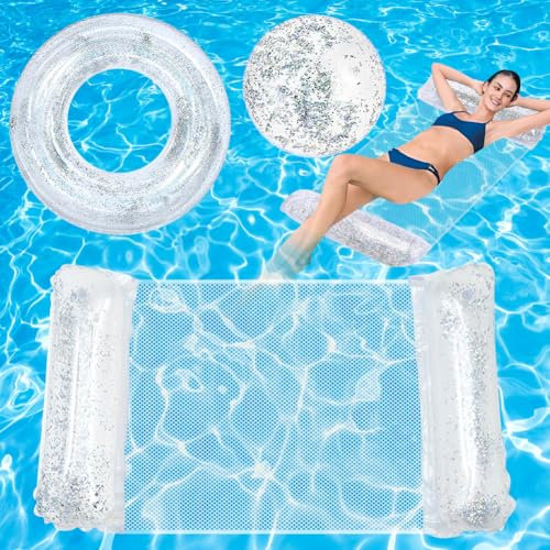 Vibbang Flotadores Inflables para Piscina, 3Piezas Lentejuelas Anillos de Natación, Pelota de Playa, Hamaca Piscina, Verano Fiesta Decoraciones Piscina Juguetes para Fiestas Playa para Niño Adulto (A)
