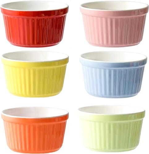 6Pcs 8 oz Ramekins Set, Creme Brulee Ramekins Oven Safe, Porcelain Ramiken Set, Souffle, Custard Cups for Baking and Ice Cream Bowl(6 Colors)