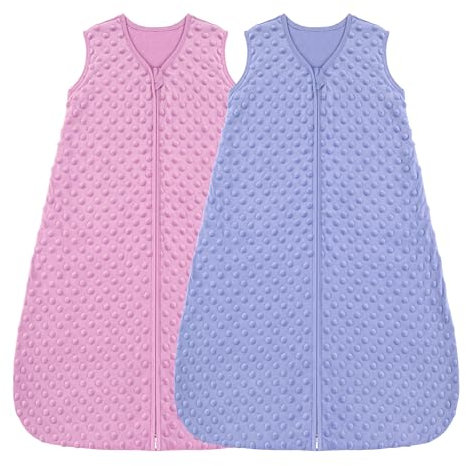 FIEMOL Schlafsack Baby 18-24 Monate 1.5 Tog, Neugeborene Schlafsack Herbst mit Plüsch Punkte, Weiche Winter Schlummersack Baumwolle, Baby Tragedecke Rosa&Lila 2er Pack 90cm