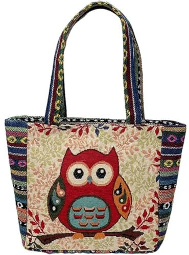Zghhc Frauen Bestickte Frauen Einkaufstasche Retro Eule Elefant Handtaschen Dame Große Kapazität Wiederverwendbare Einkaufstasche Umhängetasche