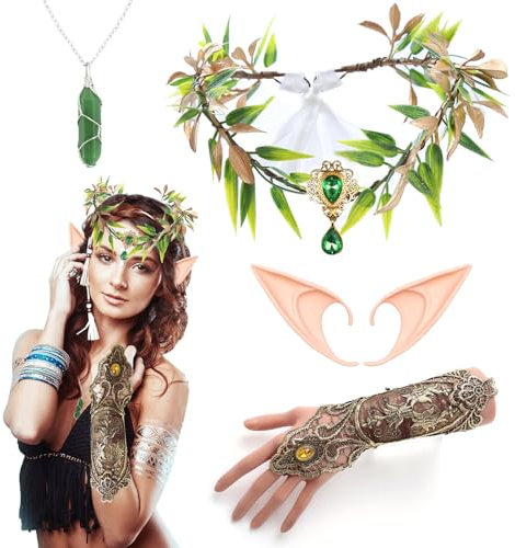 Waldfee-Ohren-Kostüm-Zubehör, Waldfeenkrone, Stirnband, Spitzenhandschuhe, Elfenohren, Wikingerkette, Renaissance-Elfen-Kostüm für Damen, Mädchen, Halloween, Cosplay, Kostümparty, 4 Stück