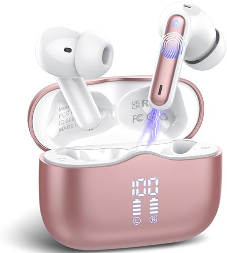 Auriculares Inalámbricos Bluetooth 5.4, Bajos Estéreo, 40H Con Reducción de Ruido ENC, Carga Rápida USB-C, Pantalla LED, IP7 Impermeable, Oro Rosa