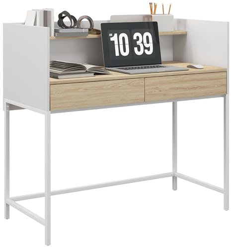 HOMCOM Scrivania moderna con 2 cassetti e ripiano Tavolo da studio per camera da letto ufficio 106x51,5x102,5 cm Bianco e rovere