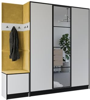 KIER FURNITURE Flurgarderobe Modern - Garderobenschrank mit Sitzbank, Haken und Schuhschrank - Flur Möbel Geräumig und Stilvoll - BxHxT 209,6x205x39cm - Weiß & Gelb