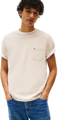 Tommy Hilfiger Men’s Short Sleeve Essential T-Shirt with Chest Pocket, Off-White (Newsprint), L