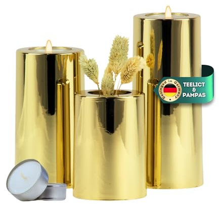 DecoValeira - 3er Set Dauerkerze (Ø 6,9 cm, H 9, 12, 15 cm) - Teelichthalter, Kerzenhalter in Kerzenoptik, Windlicht für handelsübliche Teelichter-Deko Kerzen, Tischdeko, Wohnzimmer Deko (golden)