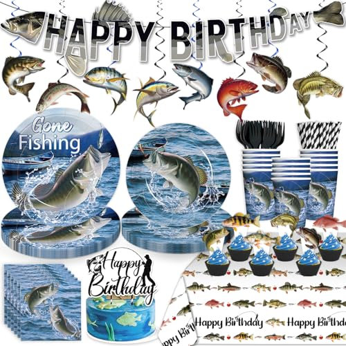 182Pcs Fishing Birthday Party Decorations Tableware Set Serves 25 Guests, Ofishally One Birthday Decorations includes Banner, Plates, Cake Topper, Cupcake Toppers, Gone Fishing Supplies for Boy