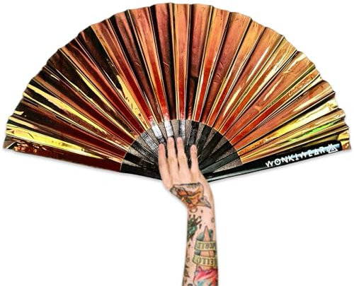 WONKIWEAR Fan, Folding Handheld, Iridescent, Holographic, Large Strong Black Bamboo. Unisex for Rave, Festival, Concert, Drag, Gay Pride (Bronze Iridescent, Large)