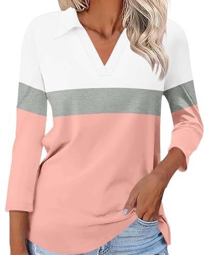 Polo da donna, maniche a 3/4, elegante, a righe, da golf, con scollo a V, morbida polo, Lilla, XL