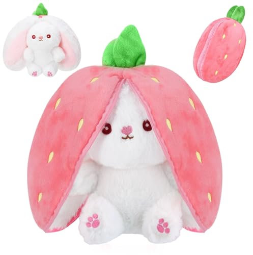 XIMEY Poupée Lapin de Pâques, Peluche Lapin Carotte Fraise, Lapin Peluche Fruit 25cm avec Fermeture éclair, Lapin de Paques Peluche, Cadeaux Anniversaire, Carnaval (Fraise)
