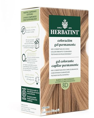 Herbatint Coloración para Cabello en Gel 8D Rubio Claro Dorado - 170 ml | Sin Amoníaco, Cobertura Óptima de Canas | con 8 Extractos Orgánicos, Ideal para Pieles Sensibles