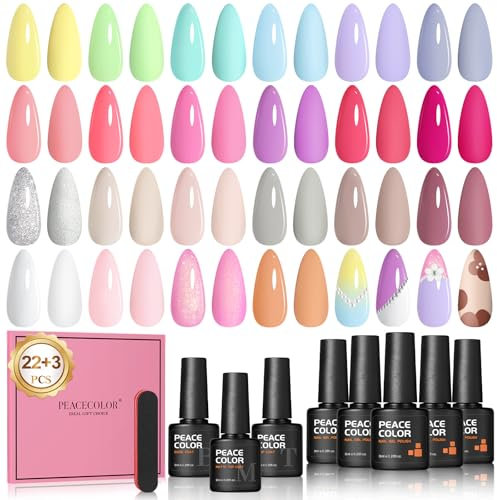 PEACECOLOR Gel Nail Polish-25Pcs 8ML Soak Off Gel Polish Set Pink Green Yellow,Gel Nail Kit with Glossy Matte Top Coat,Colorful Nail Polish Set for Beginner