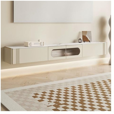 Banc TV Meuble TV Flottant Moderne avec Porte et 2 tiroirs, Meuble TV étroit, Support Flottant Mural for téléviseurs, 78,7 Pouces, Blanc crème Meuble TV