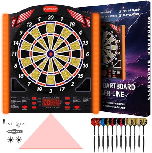 WIN.MAX Elektronische Dartscheibe Profi Set mit Laser Throw/Toe Line Marker mit Deutsche Stimme-Geeignet für Batterien/Adapter für 1 bis 8 Spieler mit 12 Darts Light