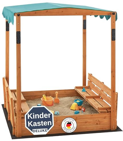 DELUKE® Sandkasten mit Dach BILA - 145x118x118cm Inkl. Bodenfolie, Klappbare Sitzbänke | Sandkiste mit Abdeckung Matschküche Spielkasten für Kinder
