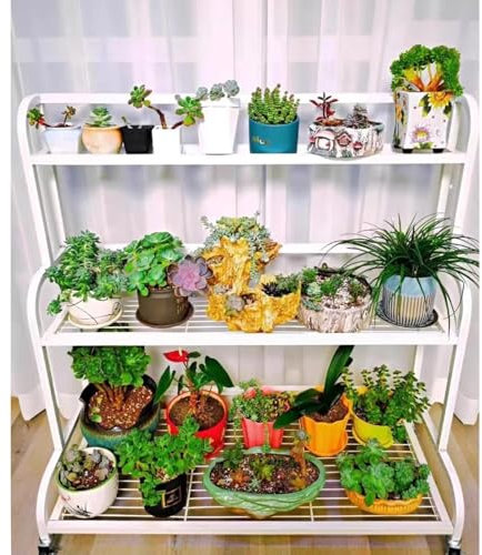 Junvstor Scaffale a Scala in Metallo a 3/4 Livelli, scaffale per Piante, scaffale portaoggetti per Ufficio e casa, portafiori da Giardino, fioriera (60x40x107cm a 3 Livelli)
