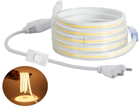 H+H Leipzig COB LED Stripe Set, LED Streifen Band Lichtschlauch Leiste Kette, Teilmöglichkeit aller 10 cm, 360LEDs pro Meter, IP20 Netzkabel mit Eurostecker (50 Meter, Warmweiß (3000K), mit Schalter)