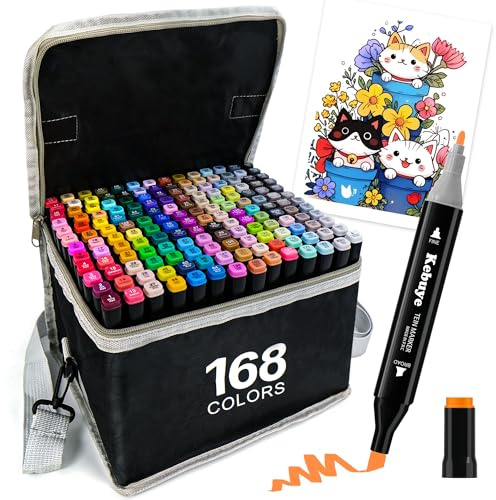 Kebuye Alkoholmärkpennor set – 168 färger markörer filtpennor twin tip alkoholmärkpenna med bärväska för konstnärer, barn, vuxna, målning, skissa, manga, design