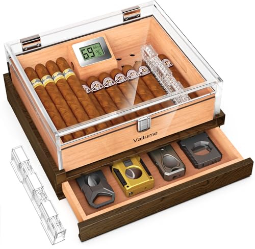 VALLUME Zigarren-Humidor, High-Definition-transparenter Acrylhumidor, Desktop-Humidor-Box mit Zigarrenzubehör-Schublade, inklusive Gel-Luftbefeuchter und digitalem Hygrometer, Zedernholz-Tablett