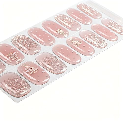 Amiiba 16 Stück Rosa Glitzer Weihnachtsbaum Französische No-Baked Gel-Nagelfolien, Wasserdichte Salon-Qualität Selbstklebende Nagelaufkleber für Frauen Mädchen, Keine UV/LED-Lampe Erforderlich (Hält