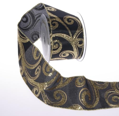 Dekoband schwarz - Taftband - Geschenkband breit - Weihnachtsband - Schleifenband mit Drahtkante und Ranken - Glitzerband - col.92 schwarz/gold - 93196