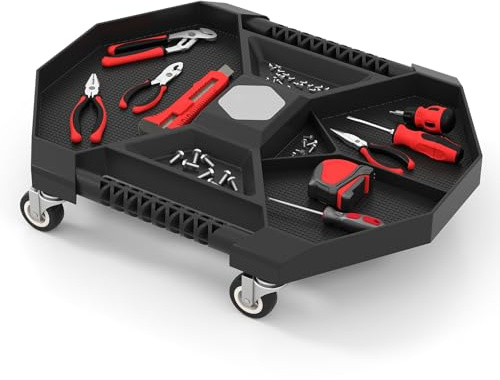 GYMAX Werkstattwagen mit 4 Universalrädern, mobiles Montagerollbrett mit 6 Fächer & 2 magnetische Tabletts, Montagewagen für Garage, Tragfähigkeit 14 kg