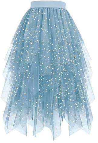 Tüllrock Damen Lang Glitzer Tütü Rock mit Pailletten Sternen Tüll Röcke Elegant Unregelmäßiger A-Linie Midirock Elastischer Bund High Low Layered Faltenrock Party Karneval Kostüm