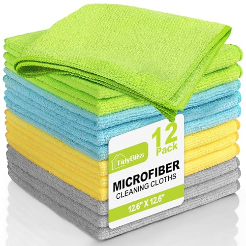 TidyBliss Microfiber Cleaning Cloth 12 Pack, Lint-Free Rags, 32 x 32 cm, Reusable Micro Fiber Dusting Towels for House Kitchen Bathroom Car (Green/Blue/Yellow/Grey)