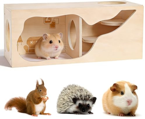 Casa de hámster escondite de madera, casa de hámster, túnel de hámster y laberinto de hámster como casa de varias cámaras, accesorios magnéticos modulares para hámsters enanos, hámsters sirios y