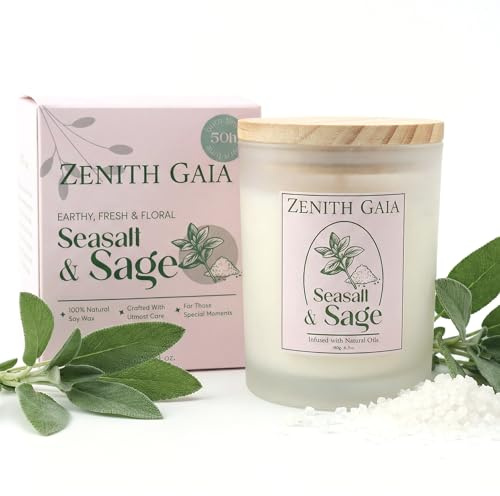 Zenith Gaia Duftkerze Seasalt & Sage - Meersalz & Salbei – Handgegossen aus natürlichem Sojawachs mit Holzdeckel – Frischer Duft – Vegane Aromakerze im Glas, 180 g, Entspannung & Achtsamkeit