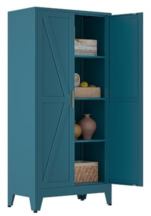MetaCate lnov Mehrzweckschrank 70 cm Breit, Küchenschrank mit 2 Türen, Verstellbarer 4-Stufiger Metallschrank, Vorratsschrank, Allzweckschrank, für Küche, Esszimmer, Wohnzimmer und Homeoffice-Blau-A
