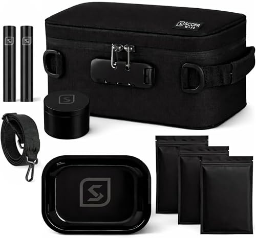Smell Proof Bag with Lock | Odor Control Travel Organizer | Activated Carbon Smell Proof Container with Accessories | 3 Resealable Bags, 2 Airtight Storage Tubes, Tray & Glass Jar | 12-Month Warranty