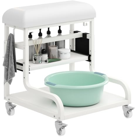 Pedicure Foot Rest with 3-Level Height,Pedicure Foot Bath Trolley w/Wheels | PU Cushion Manicure Foot Rest Stand,Pedicure Foot Stool,for Beauty Salon,Nail Tech Foot Bath Spa,Massage Station (White)