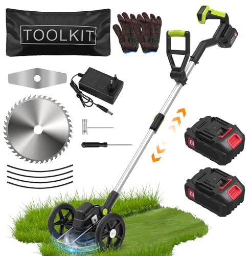 Akku Rasentrimmer 21V, 2 IN 1 Rasenkantenschneider Automatik Fadennachführung, Motorkopf 90° drehbar & neigbar,mit 2 * 3.0Ah Akkus und Ladegerät, für Rasenschneiden Garten, Hof