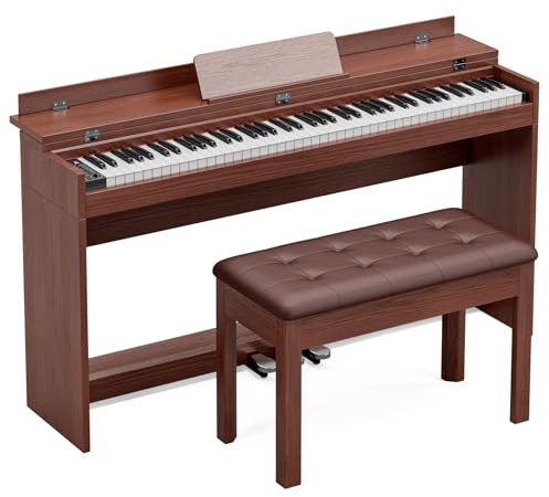 88 Key Full Size Weighted Hammer Action Digital Piano, Electric Keyboard with Triple Pedal & Dust Cover, Electric Piano for Beginners, Kids, Adults (Brown with Bench)