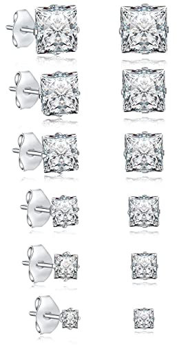 JDGEMSTONE Stainless Steel Silver Stud Earring for Women, 6Pairs Men's Diamond Stud Earrings,Surgical Steel Hypoallergenice Earrings,Titanium Silver Earrings Set,Square Cubic Zirconia Stud Earrings