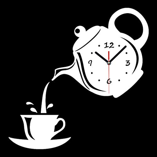 HC&WT Acrylic Mirror DIY Wall Clock, Modern 3D Frameless Teapot Wall Clock Stickers Creative Silent Clock for Home Living Room Bedroom Office (White,22x16cm(9x6inch))