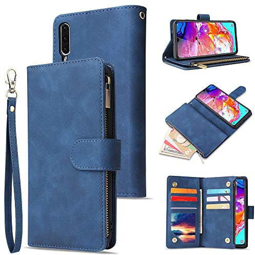 L-FADNUT A70 Wallet Case Leather for Samsung Galaxy A70 Trifold Flip Wallet Phone Case with Card Holder Magnetic Kickstand Zipper Folio Case Cover for Samsung Galaxy A70 Blue