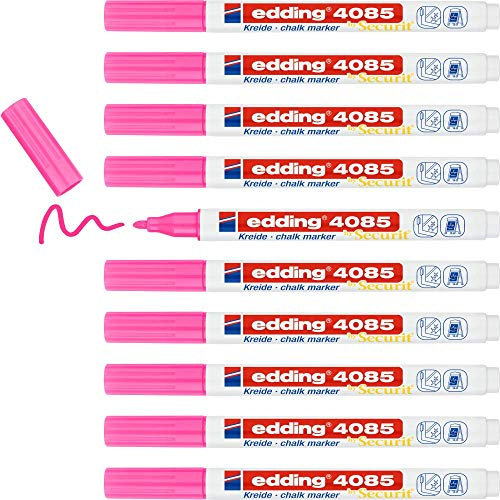 edding 4085 Kreidemarker - neon-pink - 10 Kreidestifte - Rundspitze 1-2 mm - dünner Kreidestift für Tafel abwischbar - zum Beschriften von Fenster, Glas, Spiegel - Tafelstift mit deckenden Farben