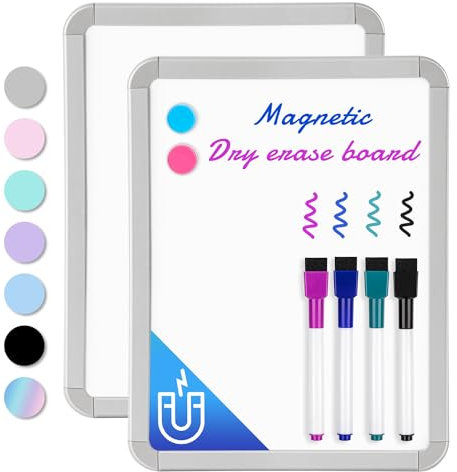 VUSIGN Small White Board Dry Erase, 22 x 28 cm Magnetic Dry Erase Board, Mini Whiteboard with Markers for Kids, Students, Fridge, Wall, Locker, 2 Pack