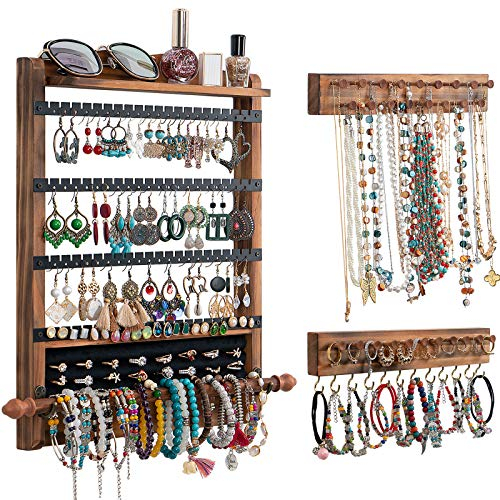 QILICHZ Schmuck-Organizer und Aufbewahrung, Holz-Schmuck-Organizer, rustikaler Wand-Schmuck-Organizer, Wandmontage, Ohrringhalter, Organizer für Aufbewahrung, Geschenk, Braun + Schwarz, 3 Stück