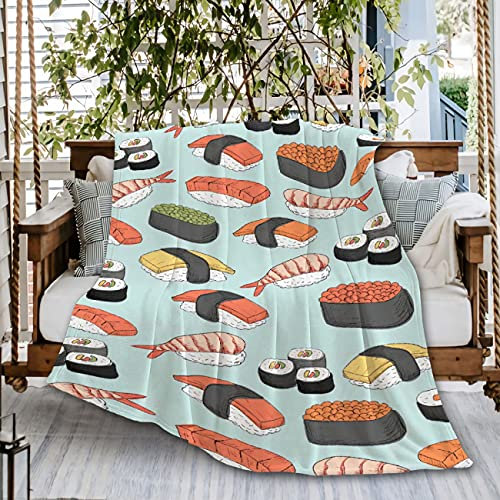 Niedliche lustige Cartoon-Sushi-Muster, Sofa-Überwurf, Decke, Flanell, super weiche Fleece-Tagesdecke, Heimdekoration, für Bett, Couch, Wohnzimmer, XS, 101,6 x 76,2 cm, Kleinkind/Haustier