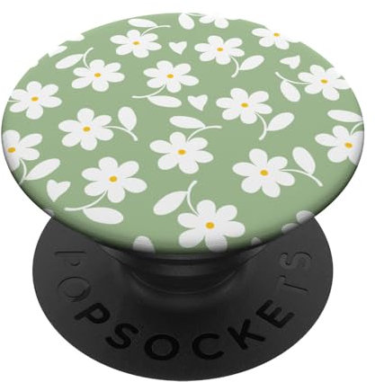 Matcha Green - White Daisy Flower Floral Heart Leaves PopSockets Adhesive PopGrip