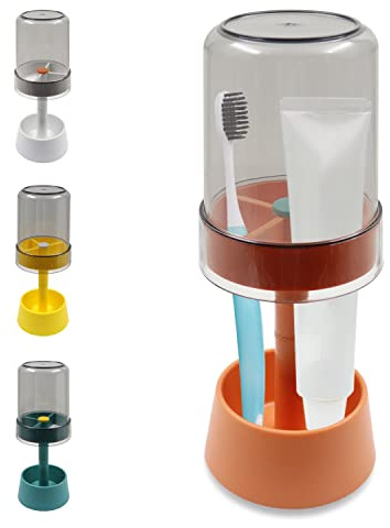 Toothbrush Holder Stand with Tooth Brush Cup/Cover, 3-Slot Organizer,Orange | Toothpaste Holder Stand Compatible with Regular Toothbrushes, Travel Hotel Bathroom Dental Storage Organizer for Toothpaste