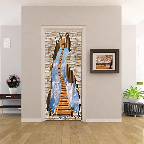 XAONUO Fototapeten 3D Türtapete Selbstklebend Treppen Himmel Berge 77X200Cm Selbstklebendes Pvc Wasserdicht Fototapete Türfolie Poster Tapete Abnehmbare Türabziehbilder Türdekoration