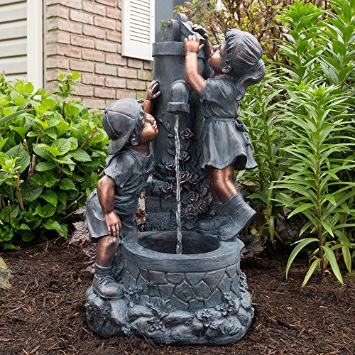 Pure Garden Outdoor Water Fountain with Boy and Girl, Antique Bronze Design and Soothing Sound for Decor on Patio, Lawn and Garden