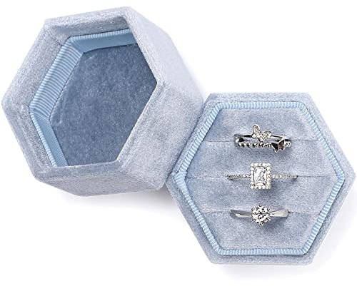 WantGor Samt Schmuck Ring Box, 3 Slots Sechseck Geschenk Box Vintage Ring Display Holder Case für Hochzeit Zeremonie Vorschlag Engagement (Blau)