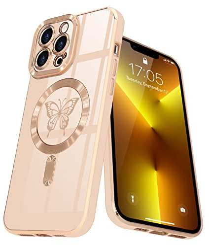 Lafunda Cover magnetica per iPhone 13 Pro Max Custodia con MagSafe protezione fotocamera sporgente Farfalla Case Placcatura oro ragazza Bumper antiurto per iPhone 13 Pro Max Rosa